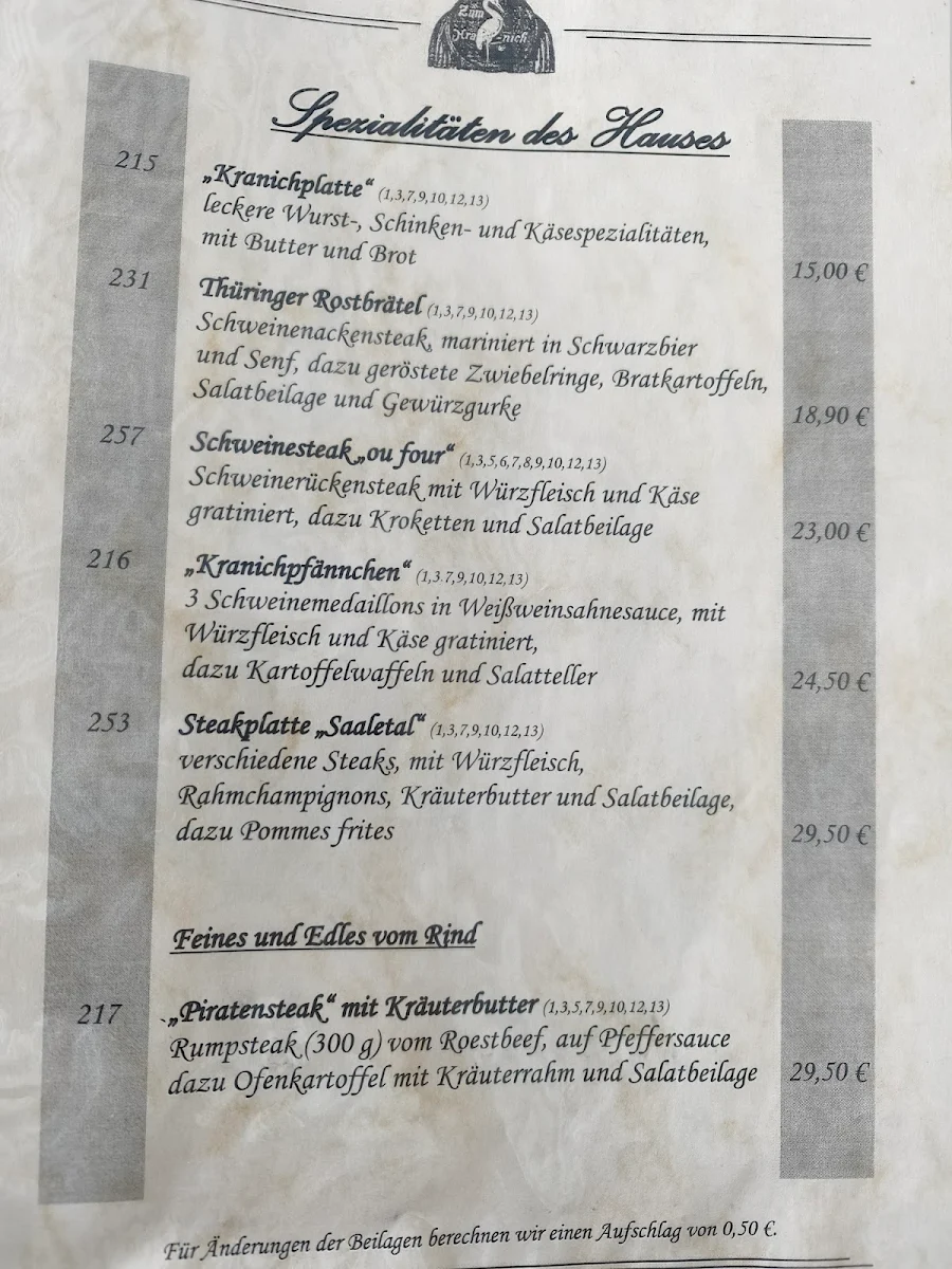 Speisekarte, Hotel Gasthaus Kranich