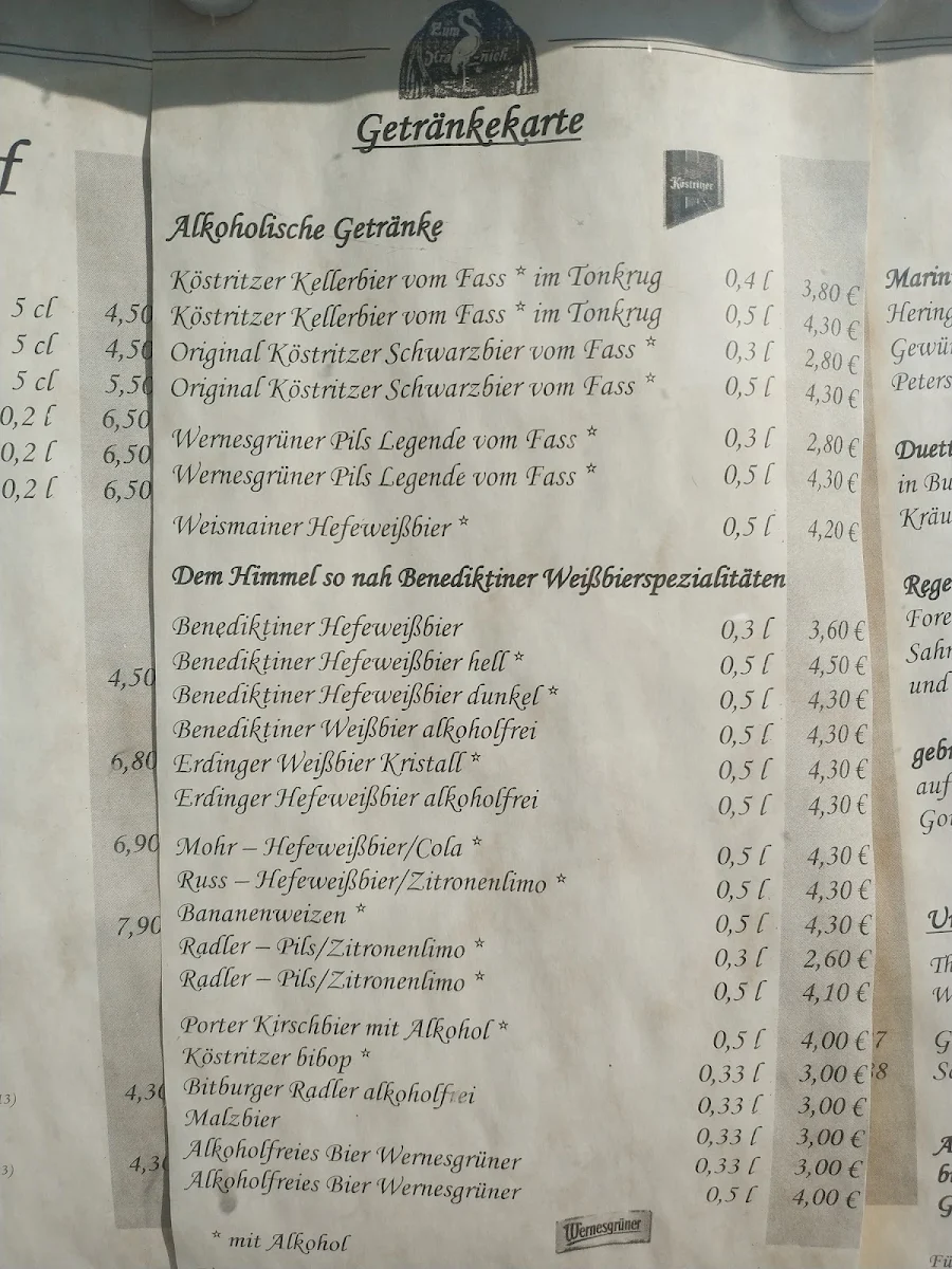 Speisekarte, Hotel Gasthaus Kranich