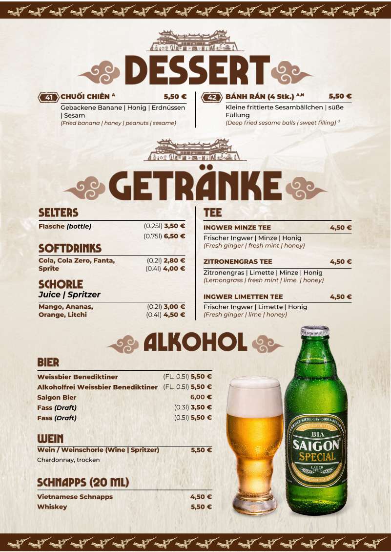 Speisekarte, Hue Xua Vietnamesisches und Sushi-Restaurant