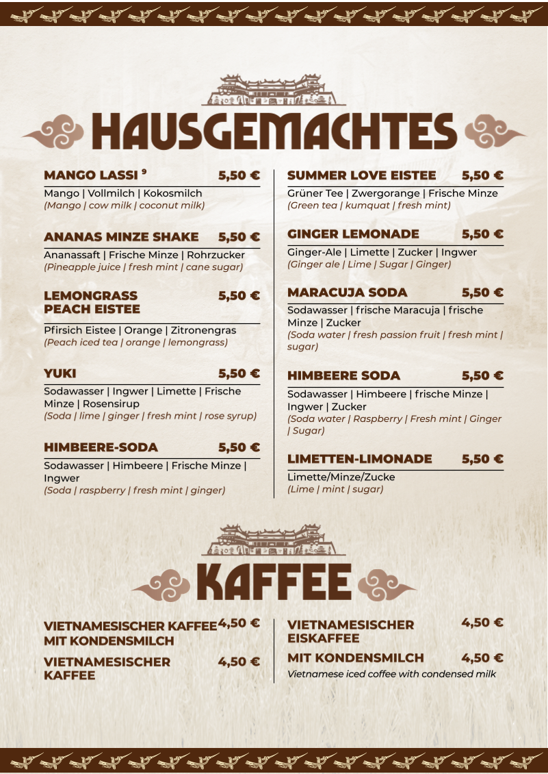 Speisekarte, Hue Xua Vietnamesisches und Sushi-Restaurant