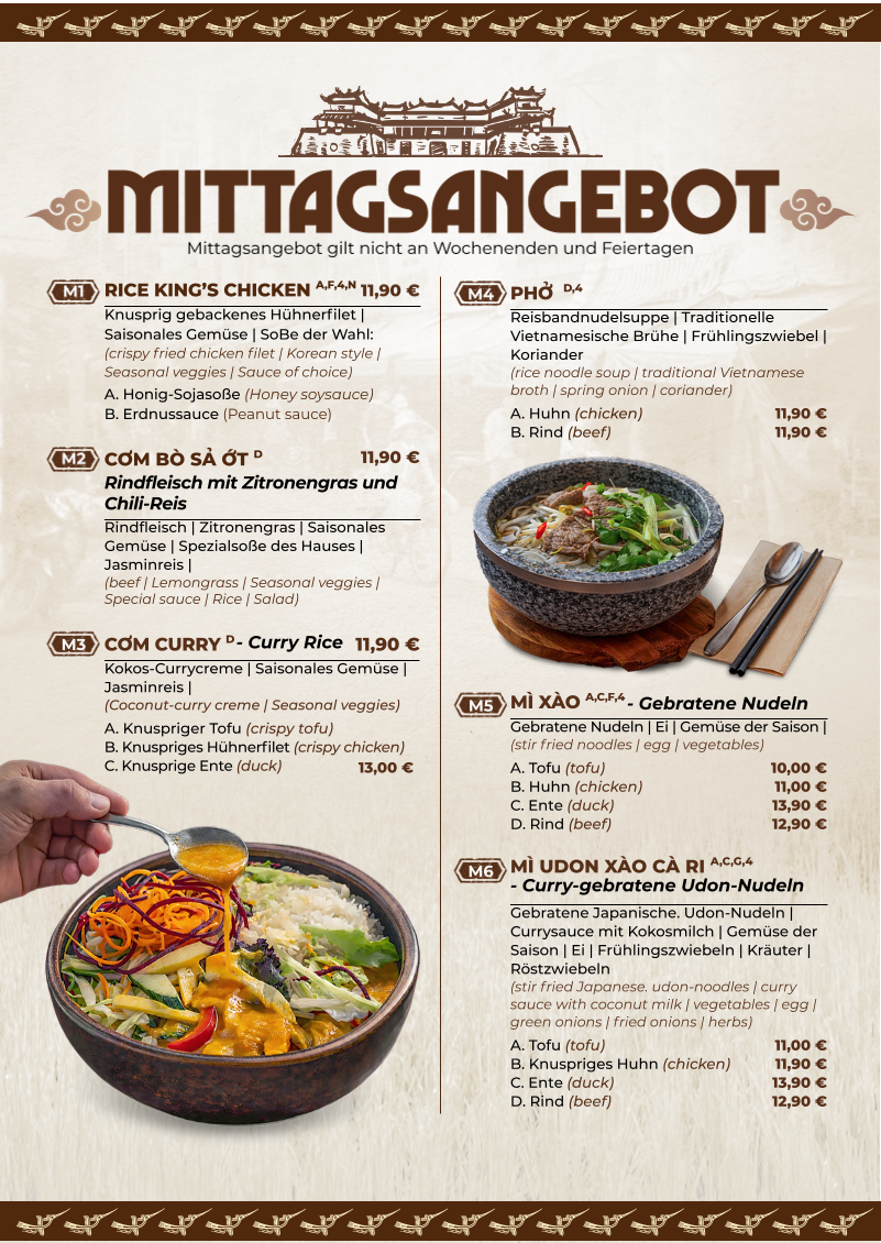 Speisekarte, Hue Xua Vietnamesisches und Sushi-Restaurant