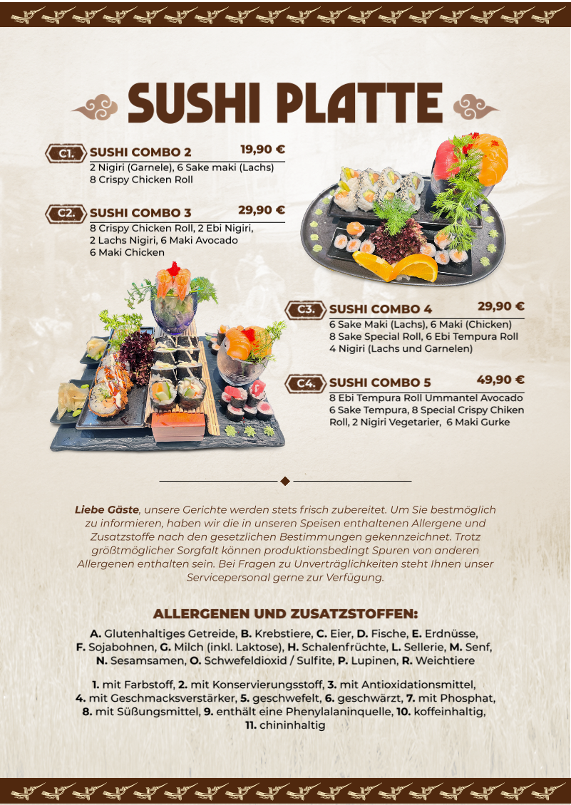 Speisekarte, Hue Xua Vietnamesisches und Sushi-Restaurant
