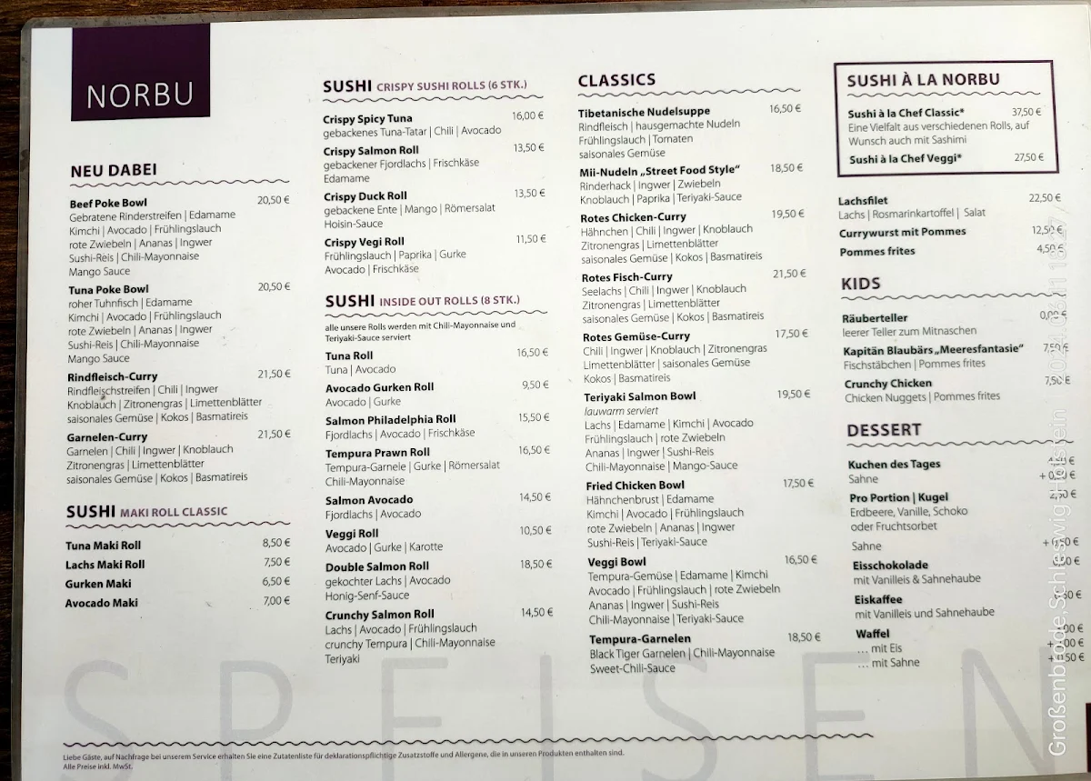 Speisekarte, Bistro Norbu Großenbrode