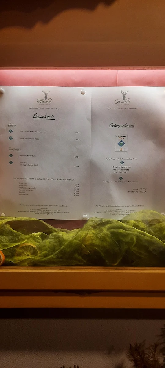 Speisekarte, Hotel Gasthaus Hirschen Todtnau - Brandenberg