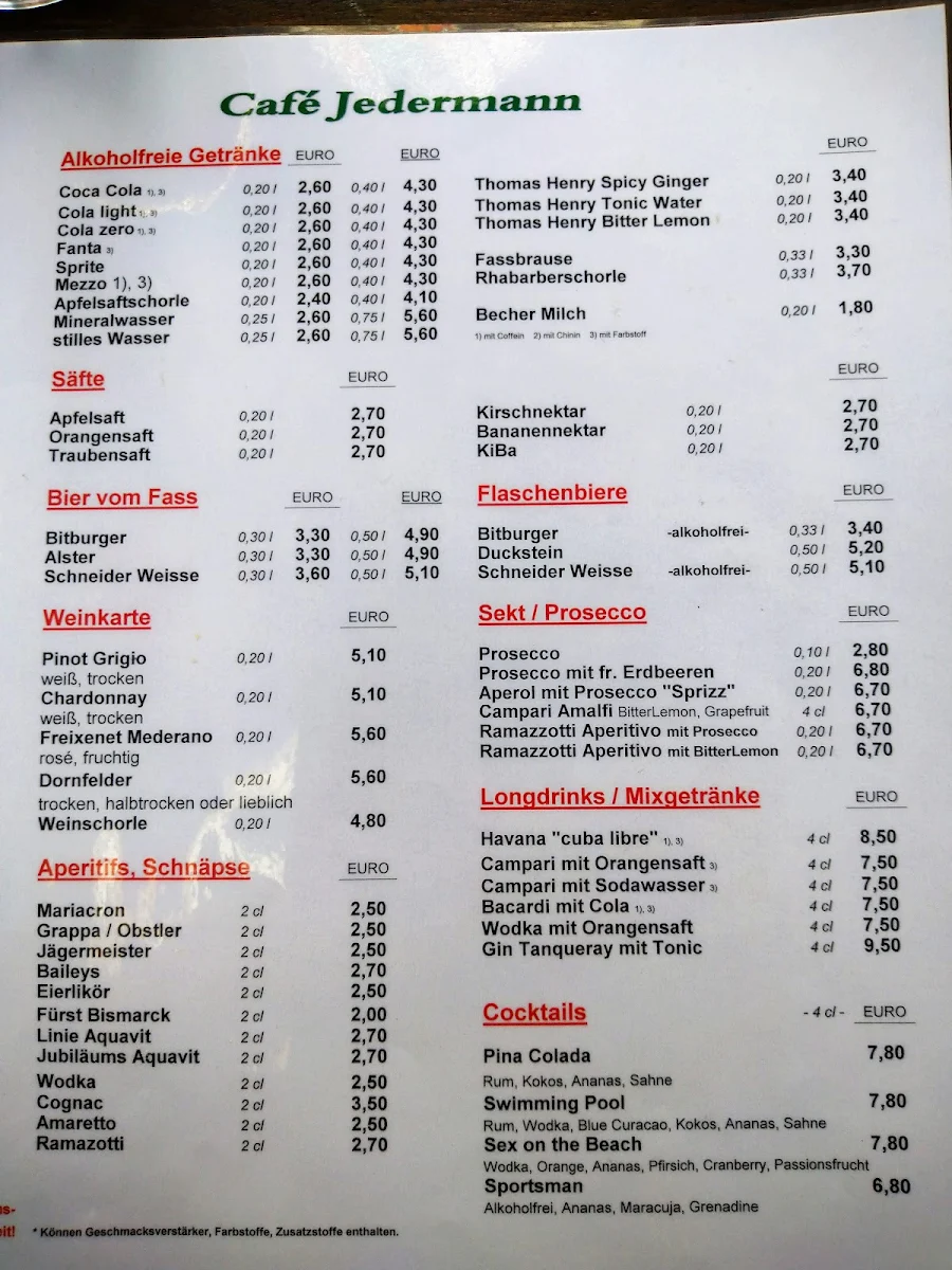Speisekarte, Cafe Jedermann