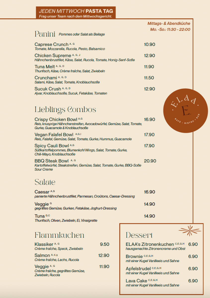 Speisekarte, ELAA | Café, Bistro, Bar
