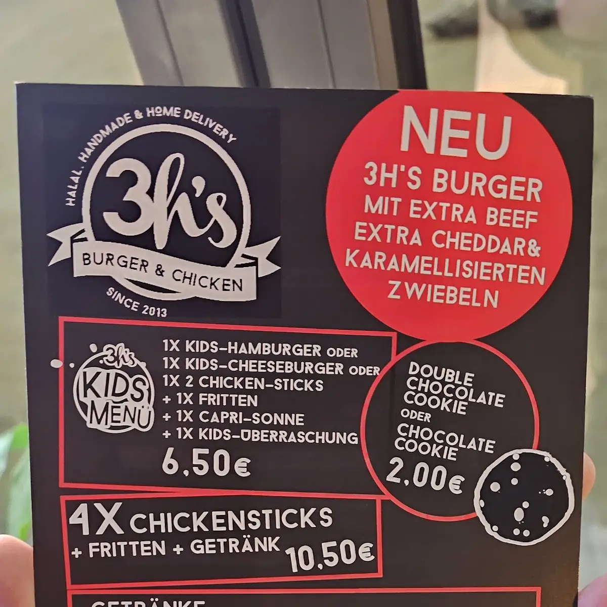 Speisekarte, 3h's burger & chicken Essen