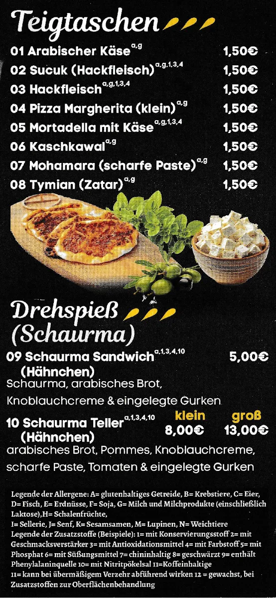 Speisekarte, Yam Yam Orient
