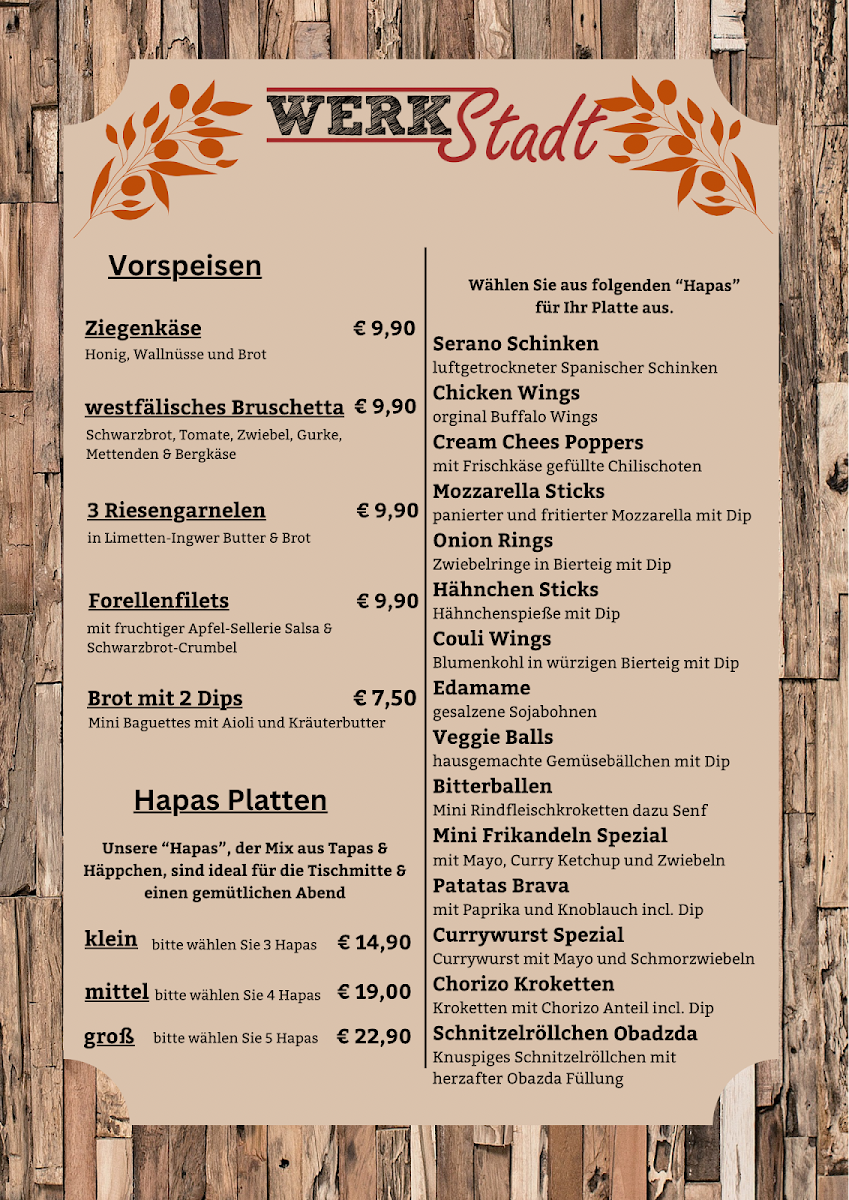 Speisekarte, WerkStadt Restaurant & Eventgastronomie Borken