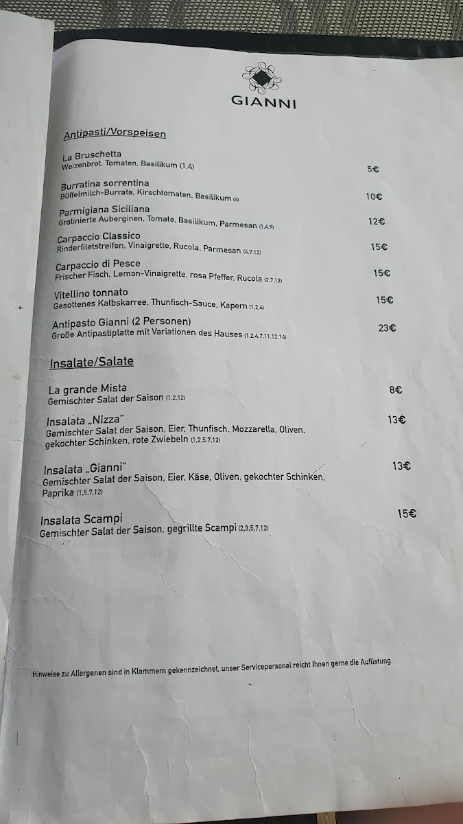 Speisekarte, Gianni Ristorante-Pizzeria