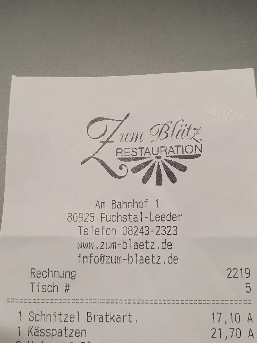 Speisekarte, Zum Blätz Restauration