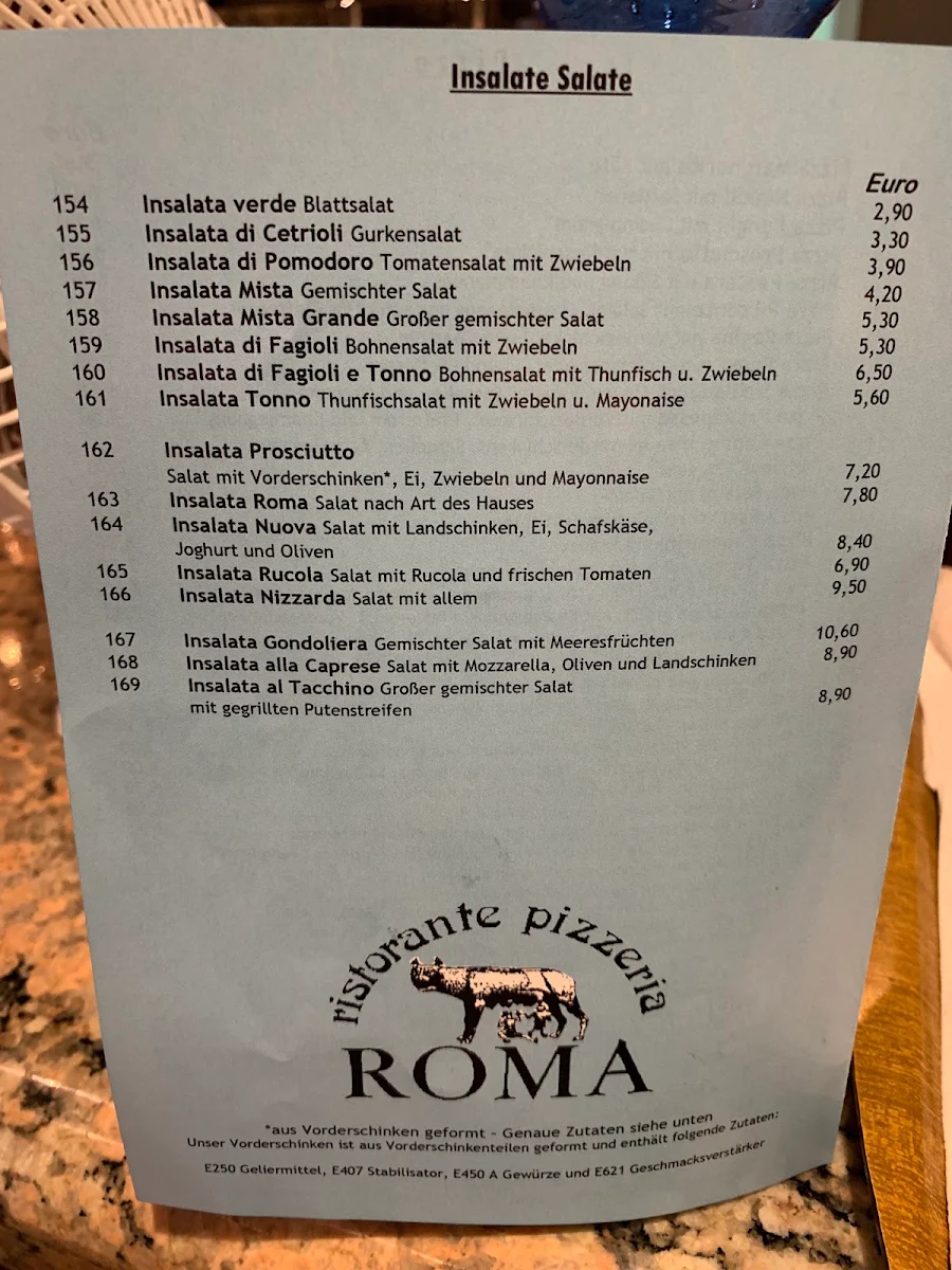 Speisekarte, Restaurant Roma