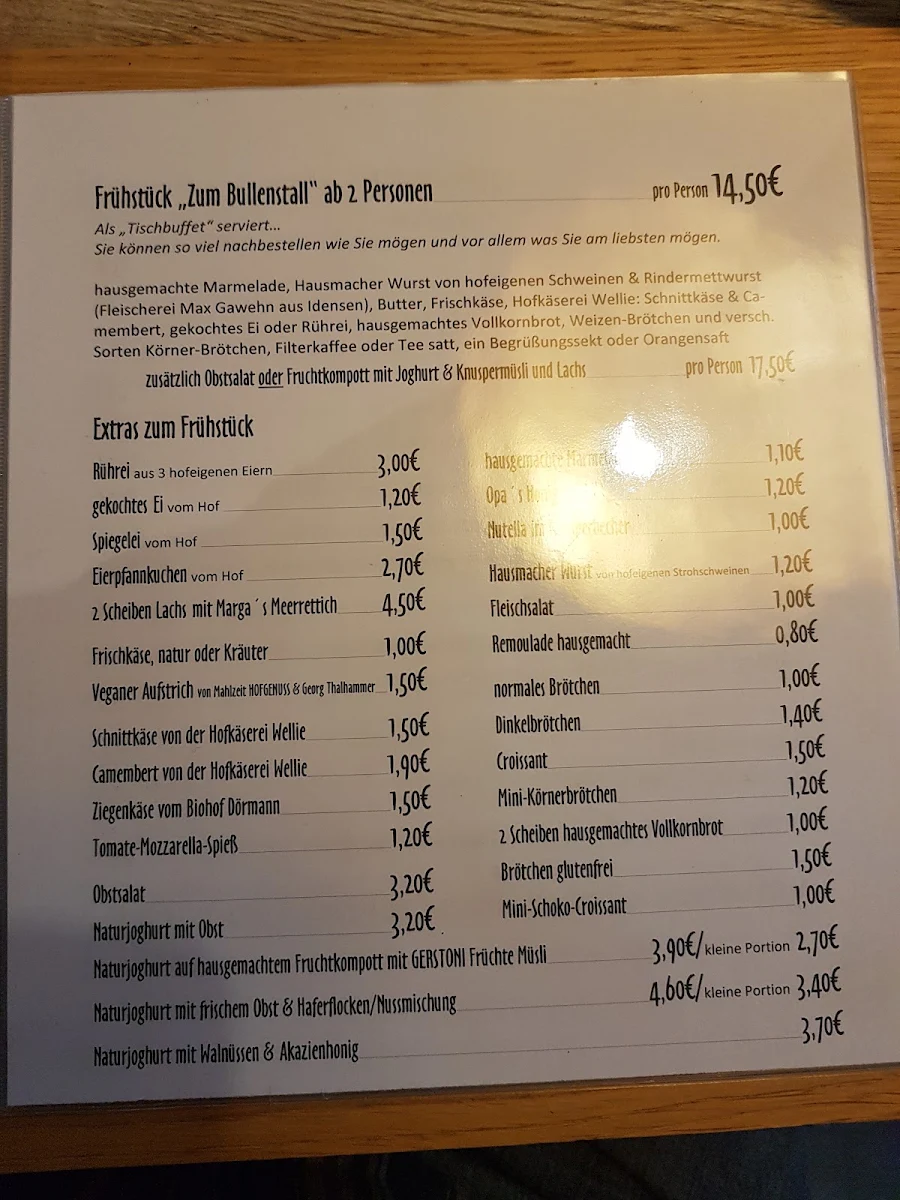 Speisekarte, Hofladen & Café „Zum Bullenstall“