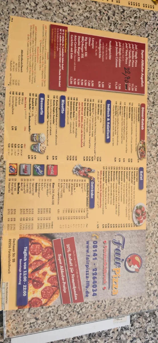 Speisekarte, Fair Pizza Fürstenfeldbruck