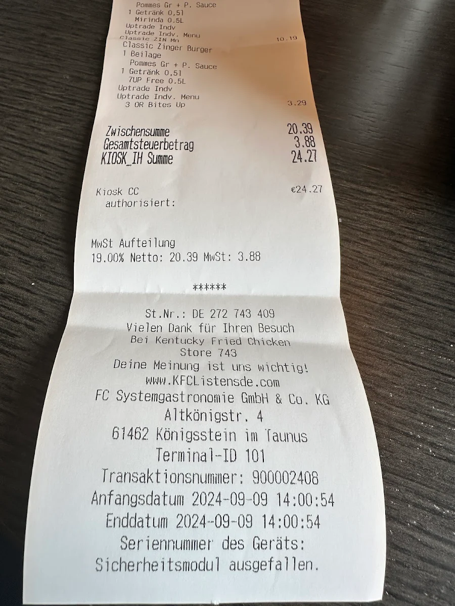Speisekarte, Kentucky Fried Chicken