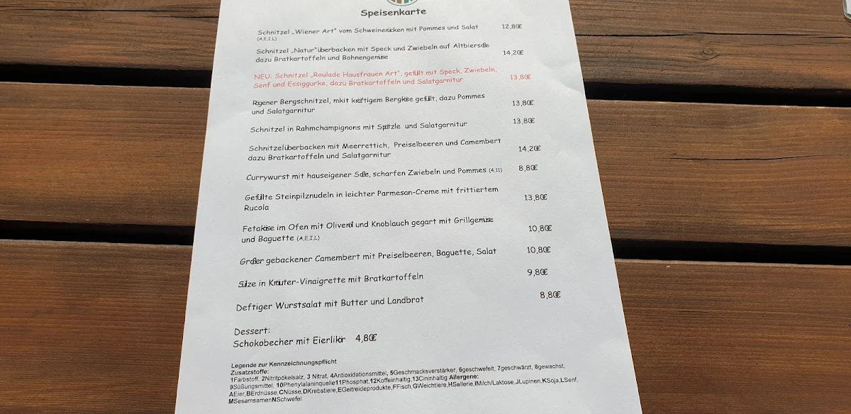 Speisekarte, Rögener Hütte