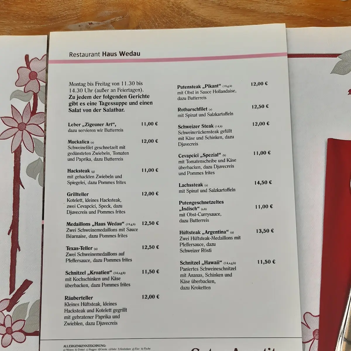 Speisekarte, Restaurant Haus Wedau