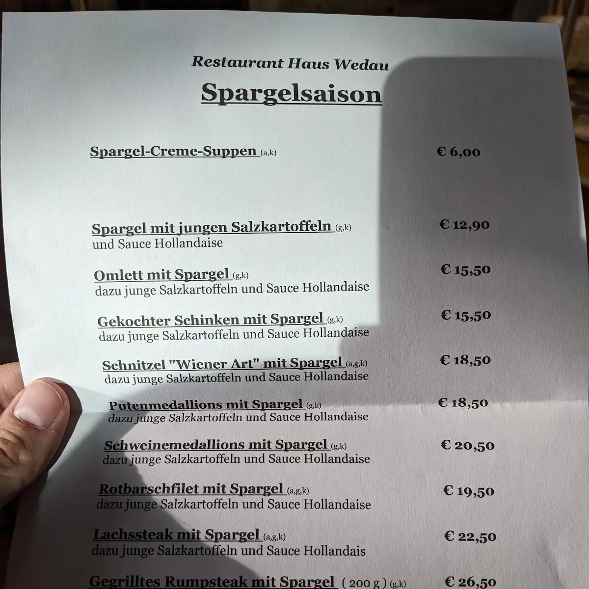 Speisekarte, Restaurant Haus Wedau