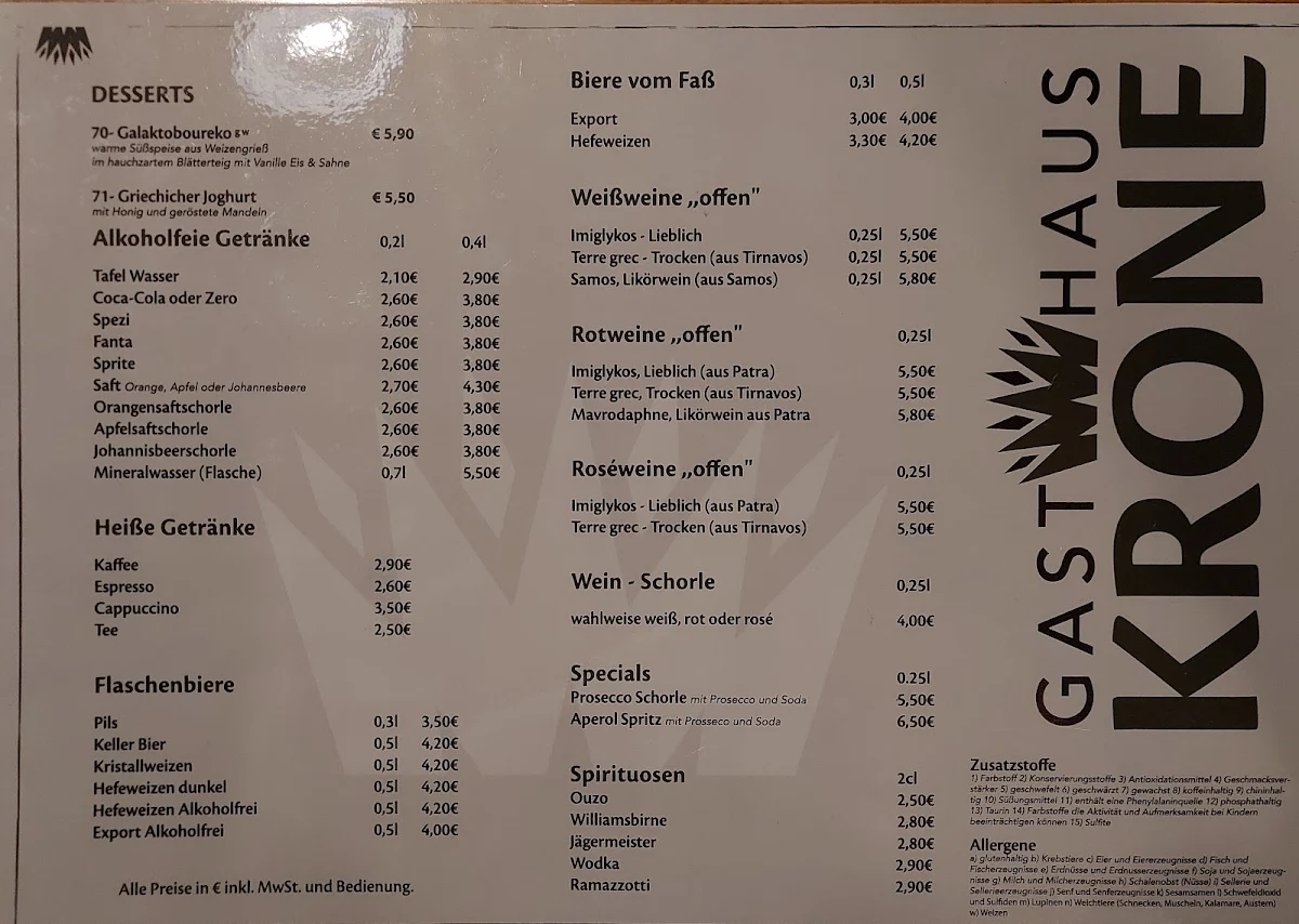 Speisekarte, Gasthaus Krone