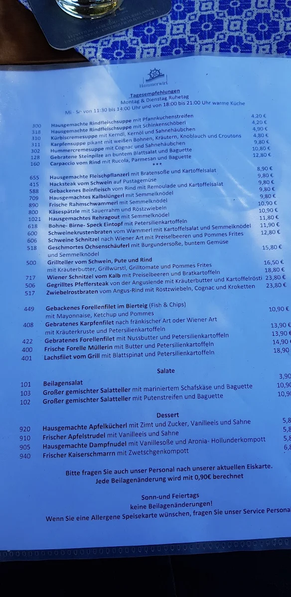 Speisekarte, Landgasthof Hammerwirt