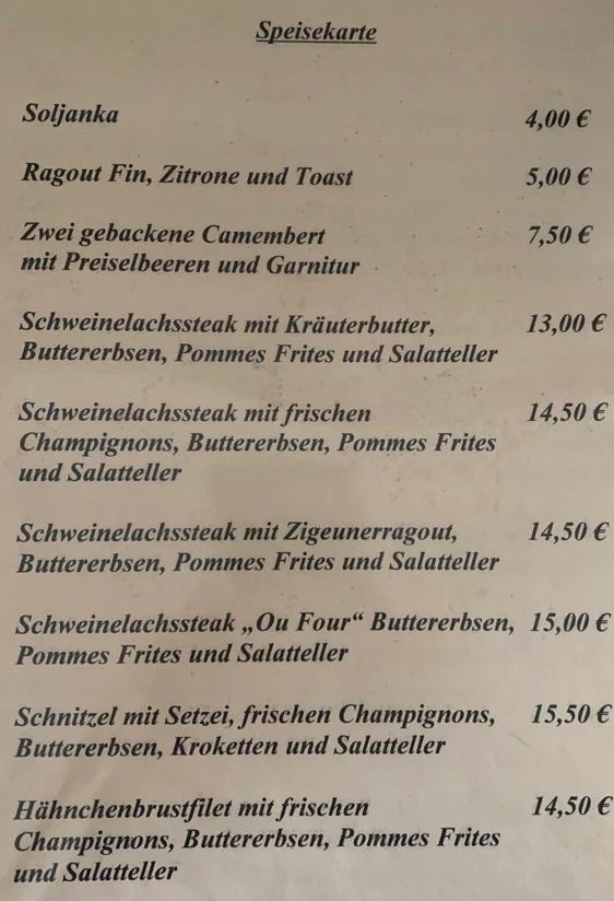 Speisekarte, Kastanienstübl