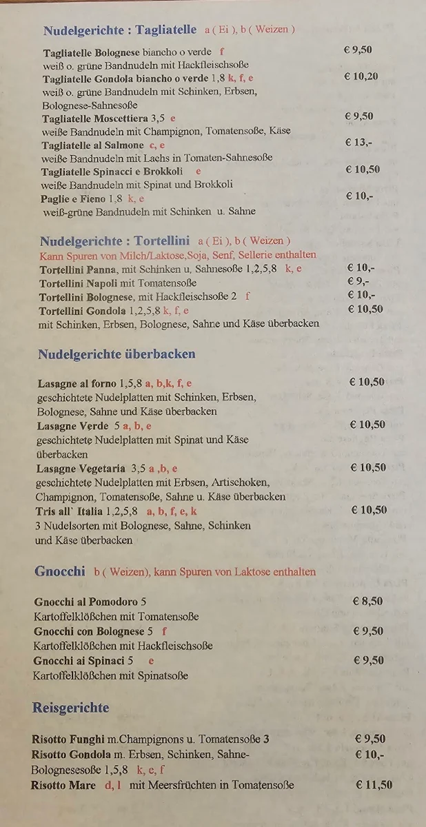 Speisekarte, La Gondola Pizzeria