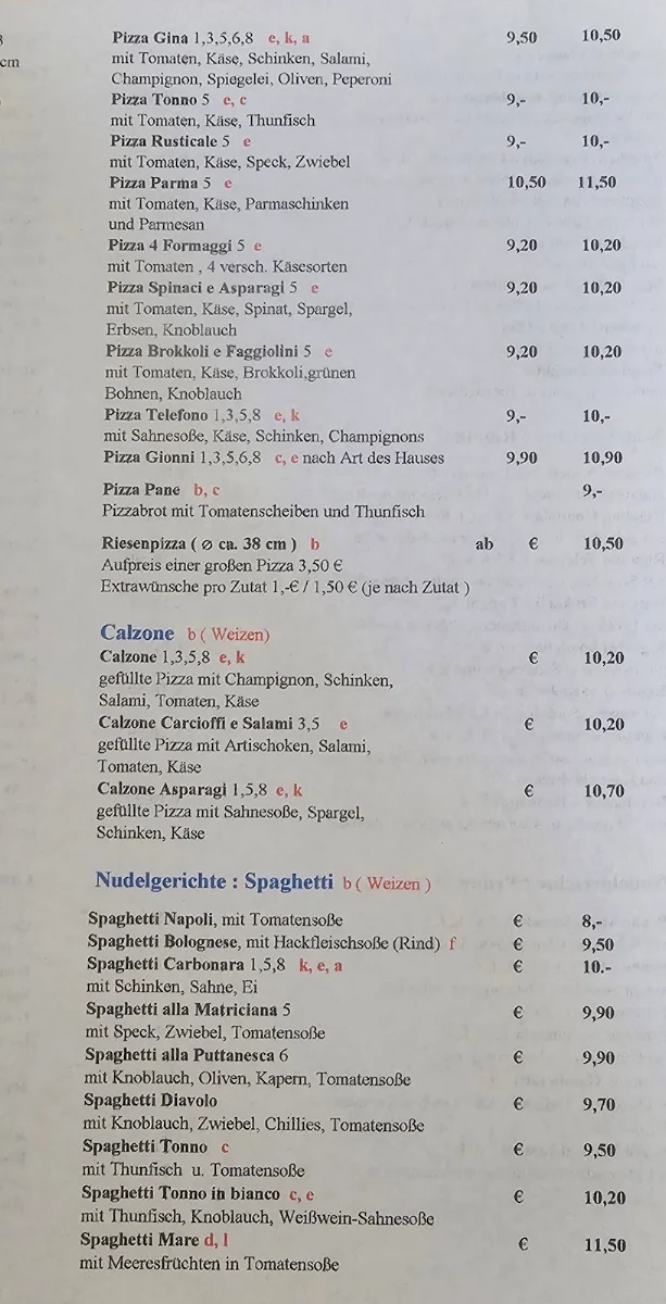 Speisekarte, La Gondola Pizzeria