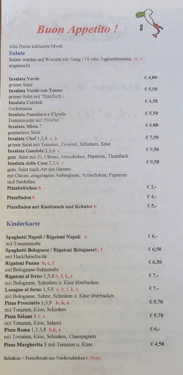 Speisekarte, La Gondola Pizzeria