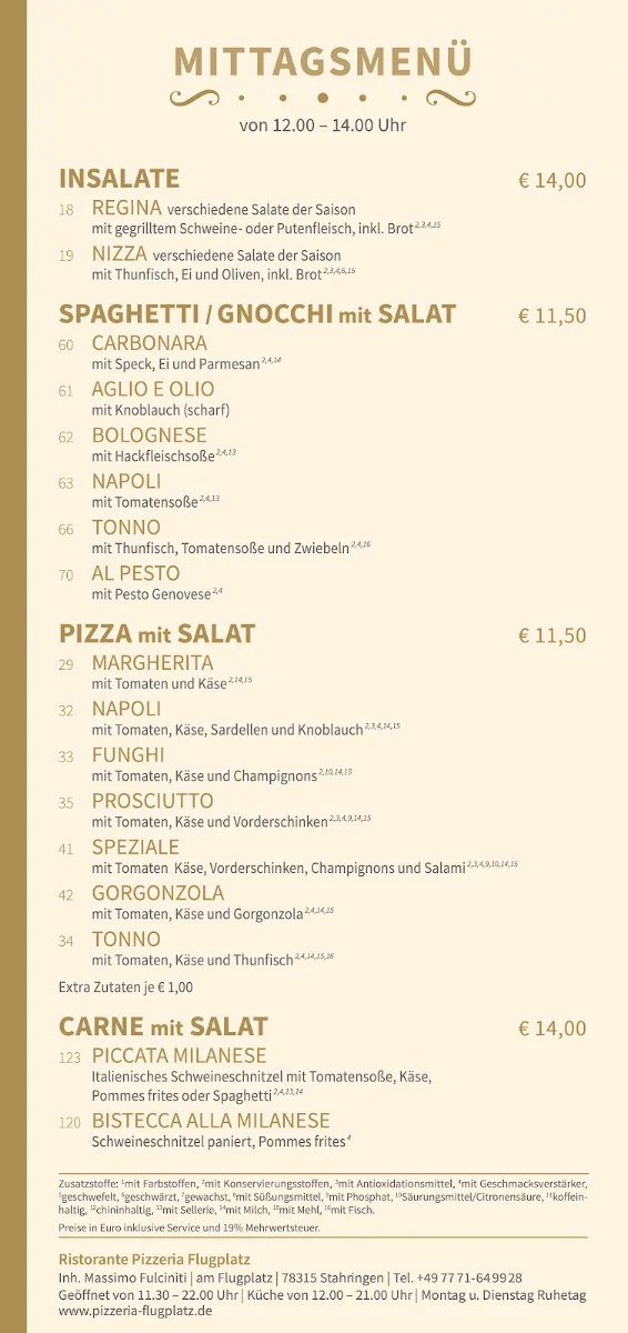 Speisekarte, Pizzeria Ristorante am Flugplatz