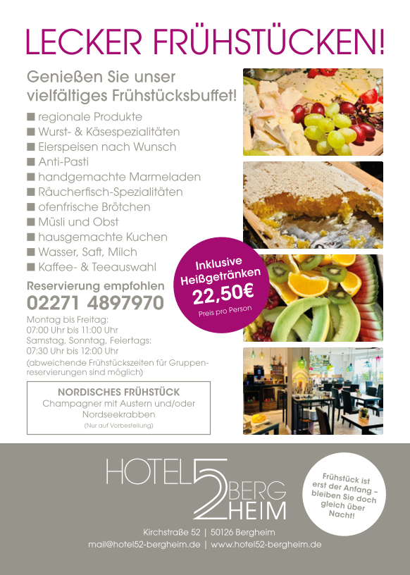Speisekarte, Frühstück im Hotel52