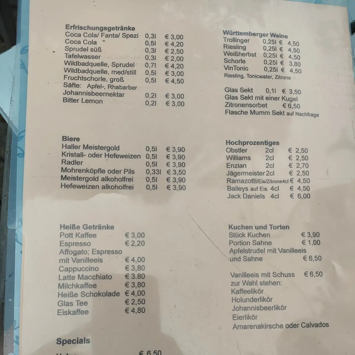 Speisekarte, Biergarten im Stöckach (ehemals Minigolf)