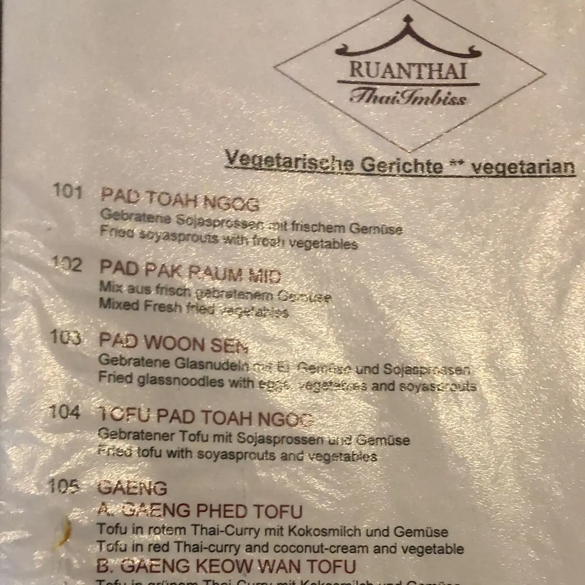 Speisekarte, Ruanthai Thai Imbiss