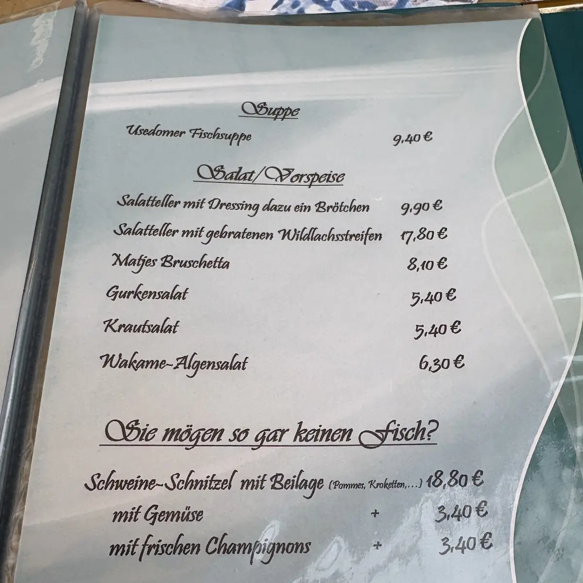Speisekarte, Fischrestaurant Meereslust