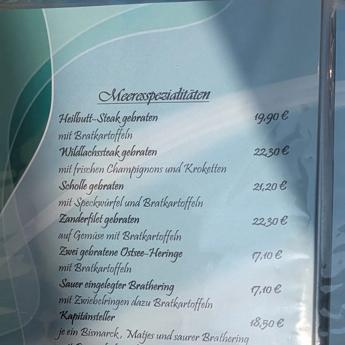 Speisekarte, Fischrestaurant Meereslust