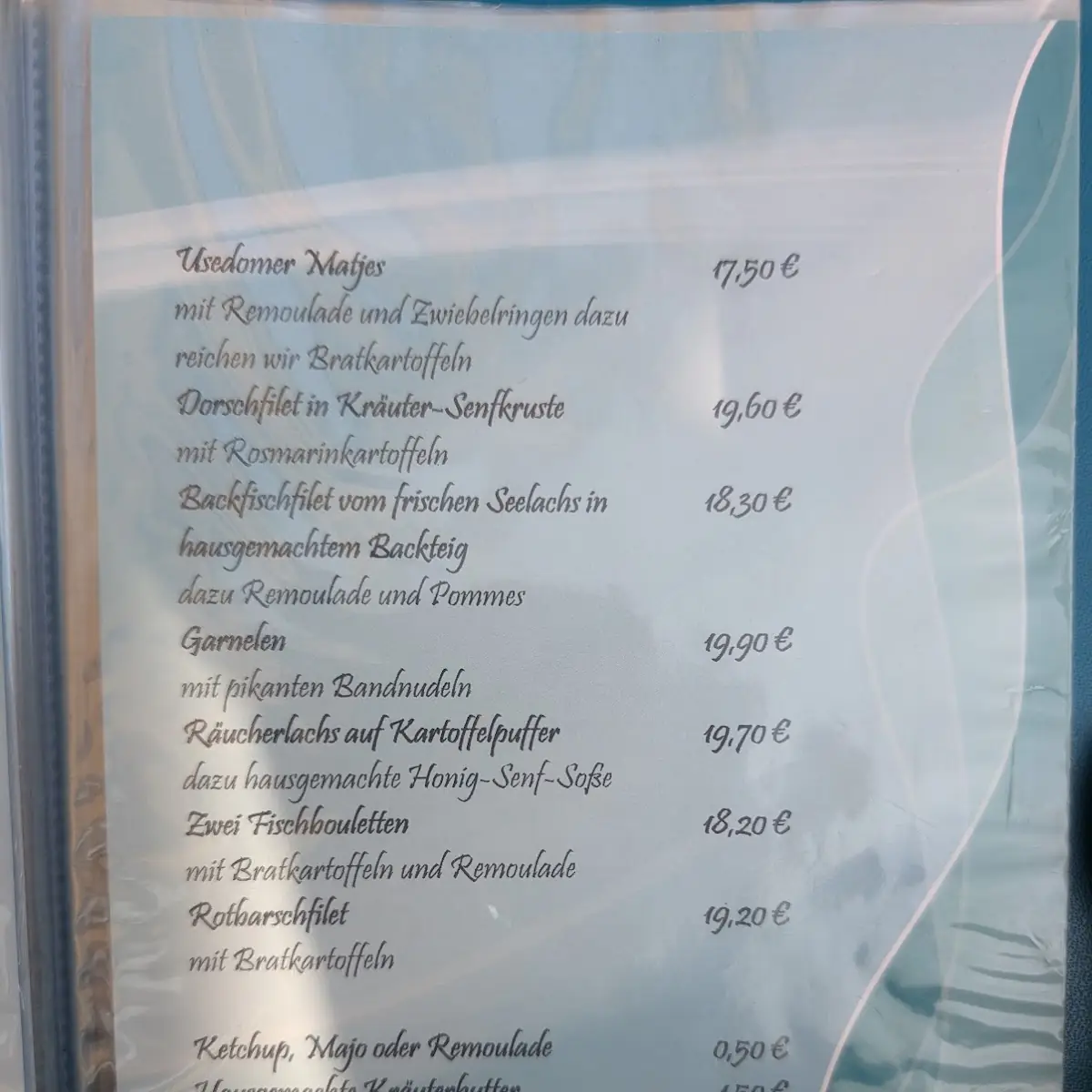 Speisekarte, Fischrestaurant Meereslust