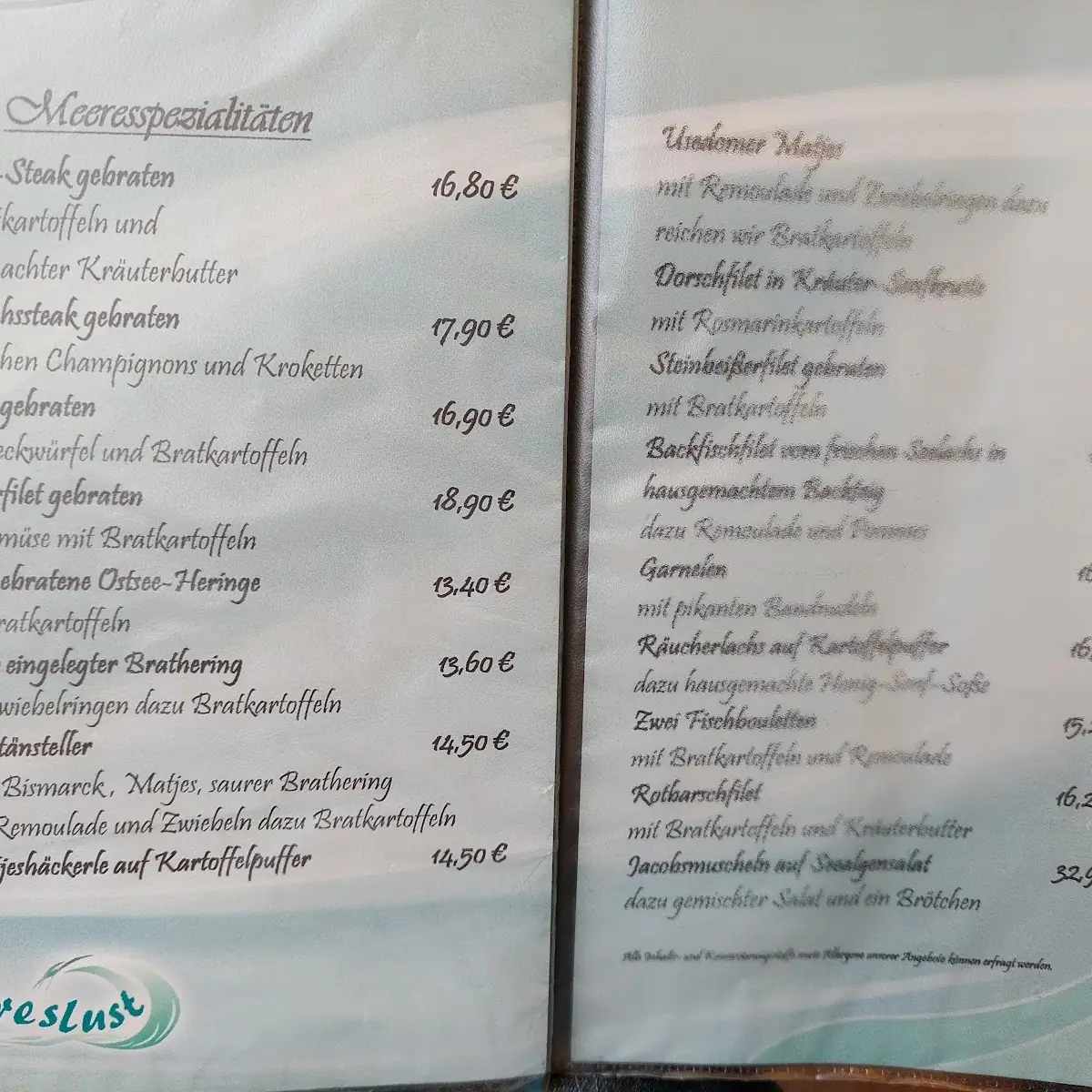 Speisekarte, Fischrestaurant Meereslust