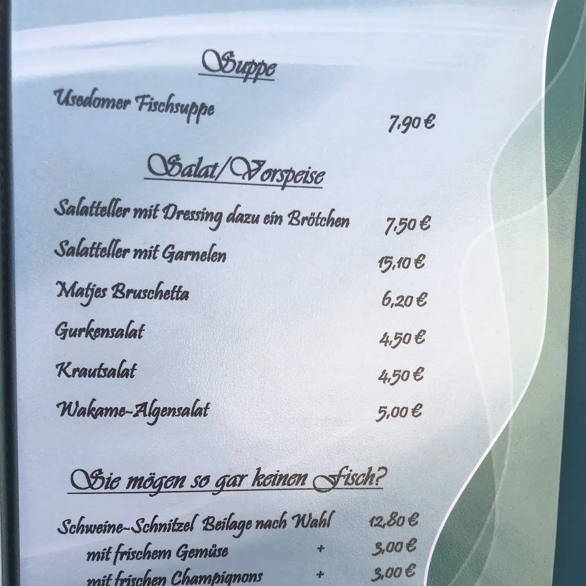 Speisekarte, Fischrestaurant Meereslust