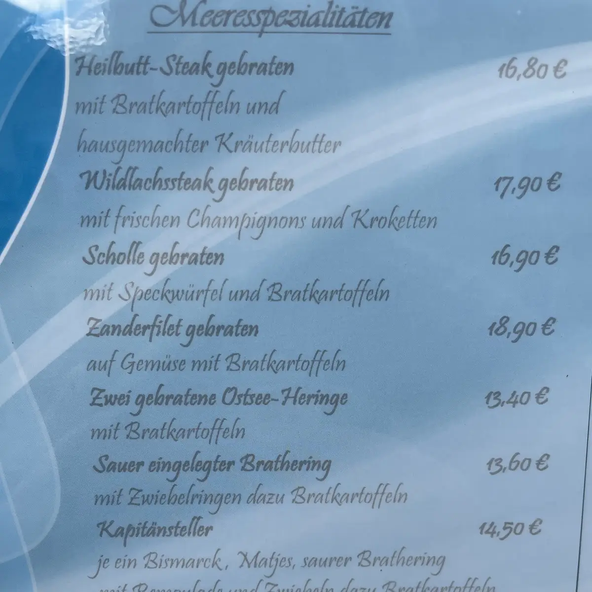 Speisekarte, Fischrestaurant Meereslust