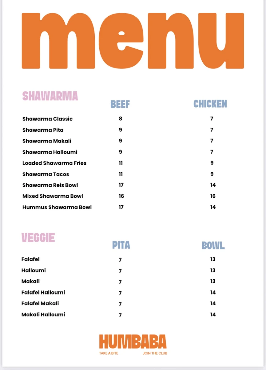 Speisekarte, Humbaba Shawarma Club