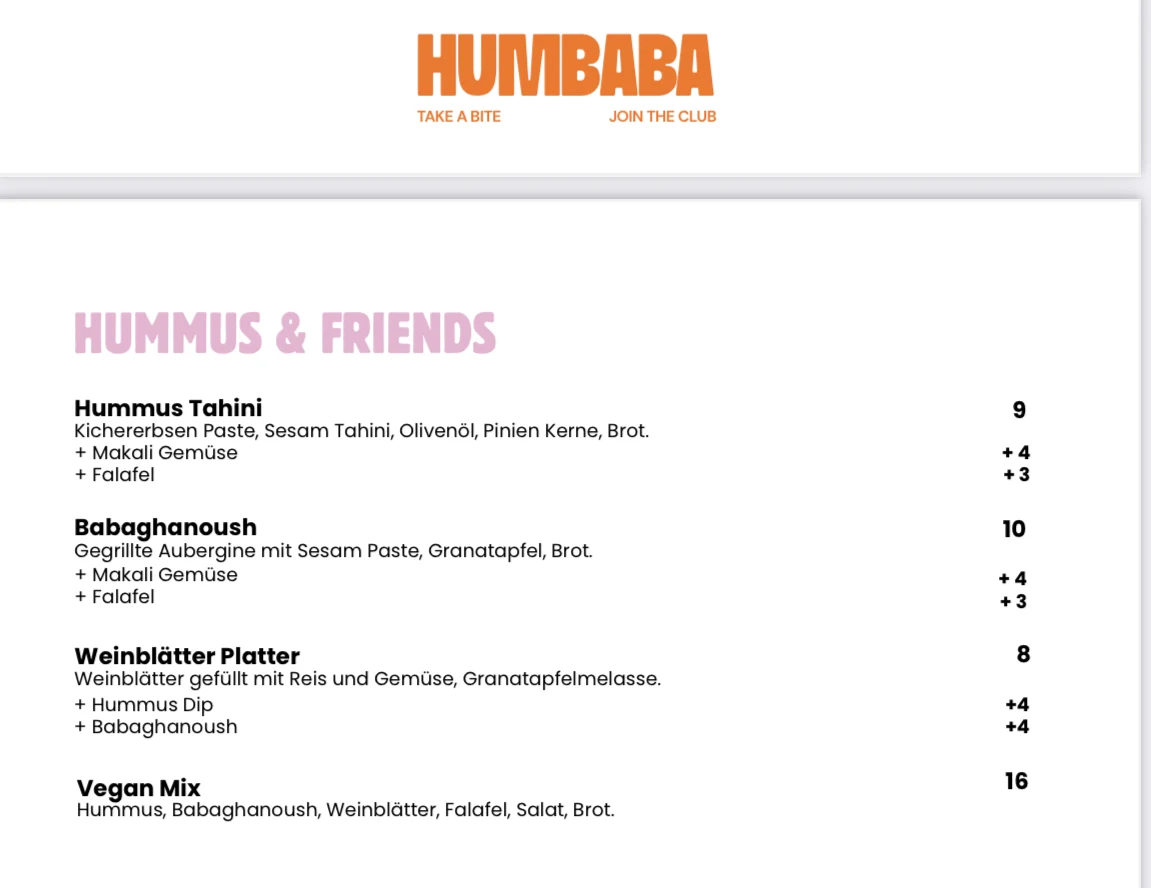 Speisekarte, Humbaba Shawarma Club
