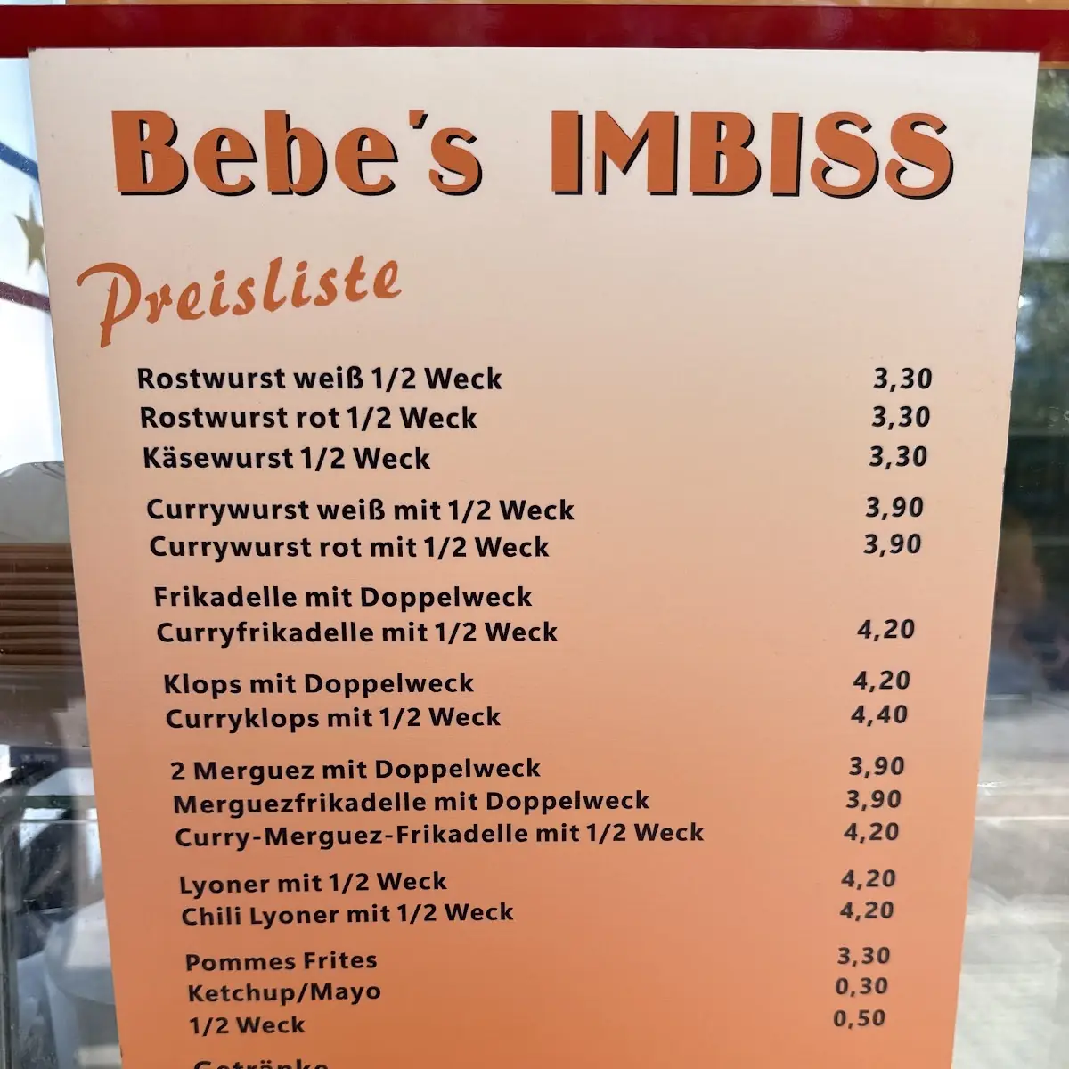Speisekarte, Bebe's Imbiss
