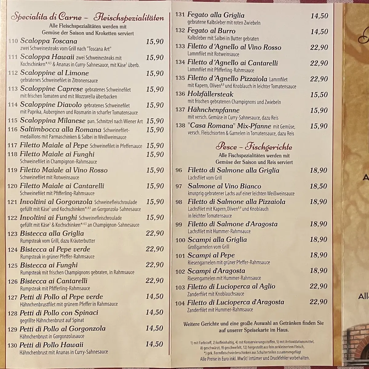 Speisekarte, Trattoria Casa Romana