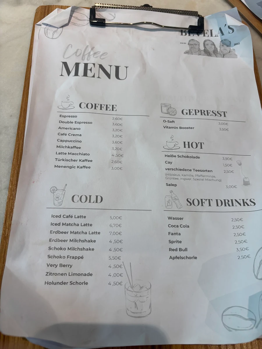 Speisekarte, Bevela's Kaffee & Kuchen