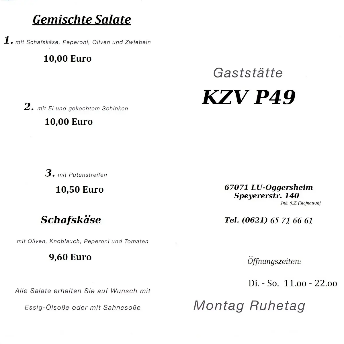 Speisekarte, Dacha Lu - Gaststätte KZV P49