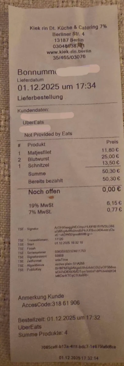 Speisekarte, Kiek rin Deutsche Küche & Catering