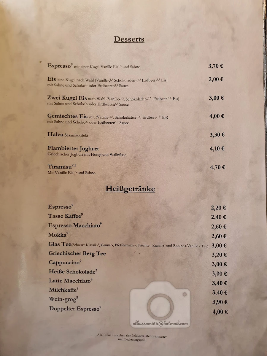 Speisekarte, Taverna Symposion