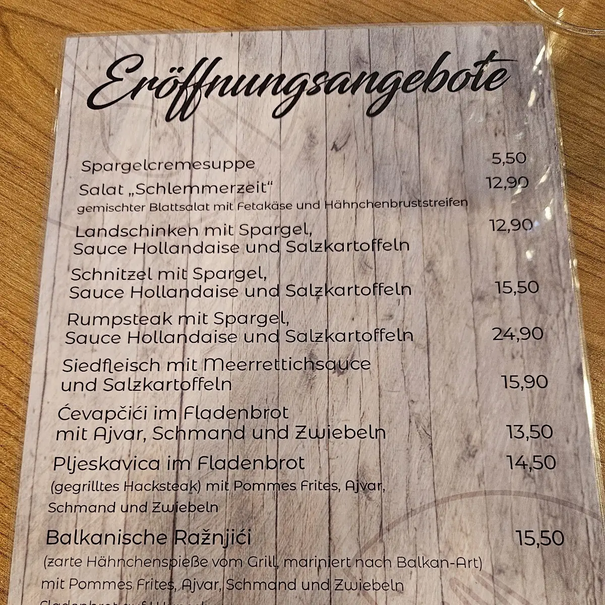 Speisekarte, Schlemmerzeit bei Alen und Alma