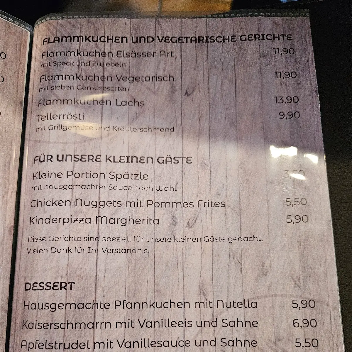 Speisekarte, Schlemmerzeit bei Alen und Alma