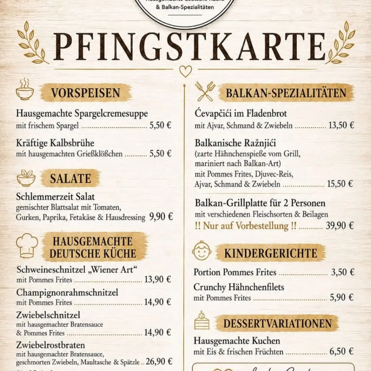 Speisekarte, Schlemmerzeit bei Alen und Alma