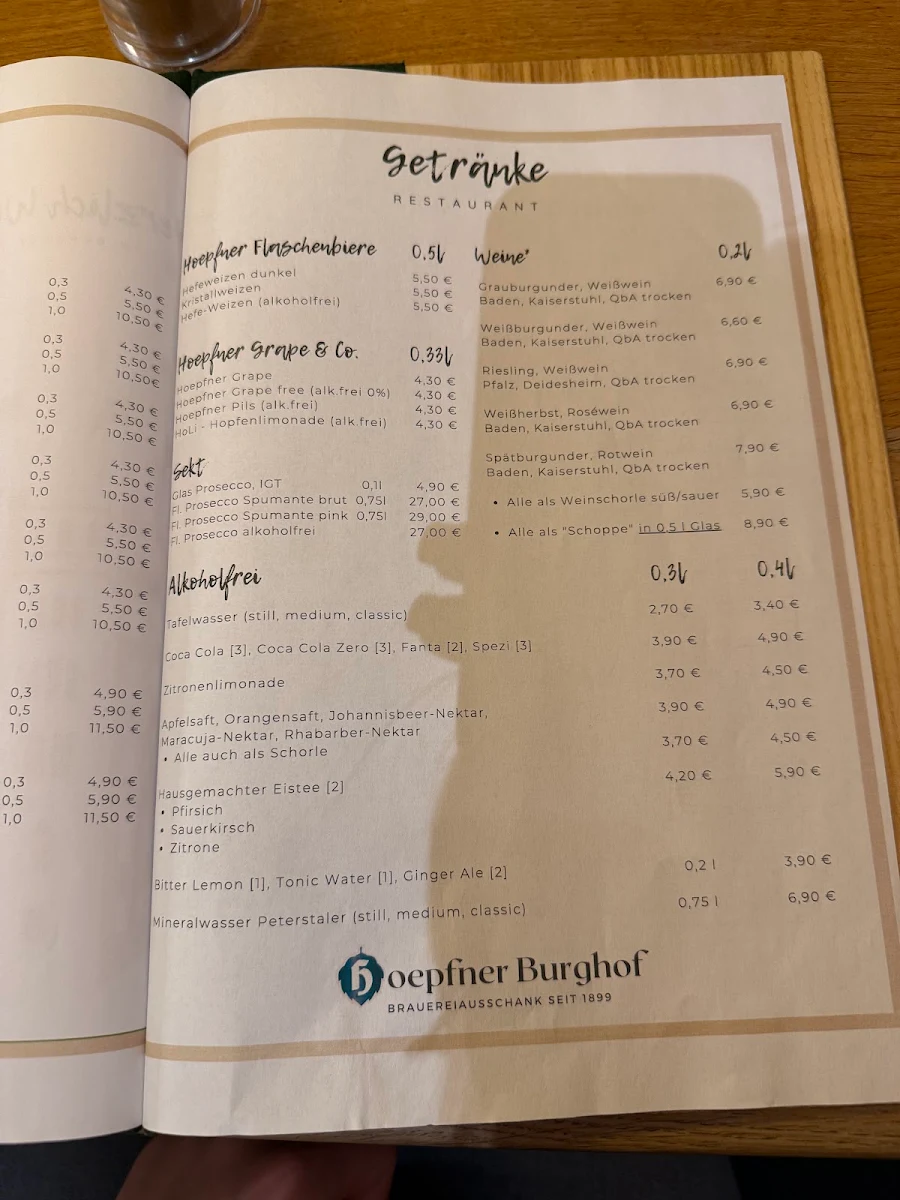 Speisekarte, Hoepfner Burghof | Restaurant | Brauereiausschank | Eventlocation | Catering - deutsche gutbürgerliche Küche